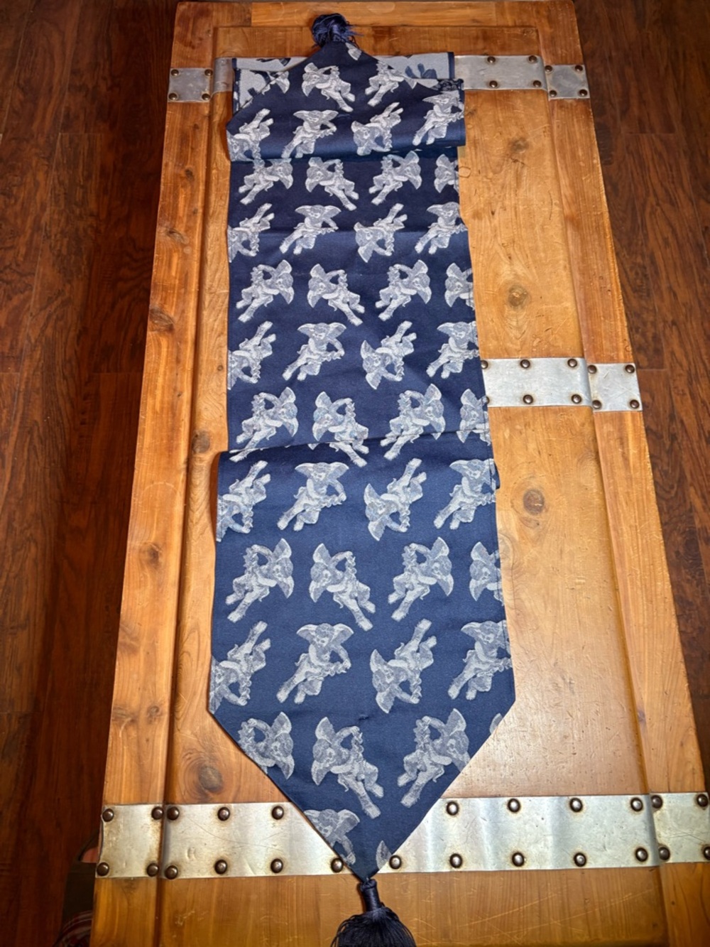 Navy Blue Angel Pattern Table Runner with Tassels